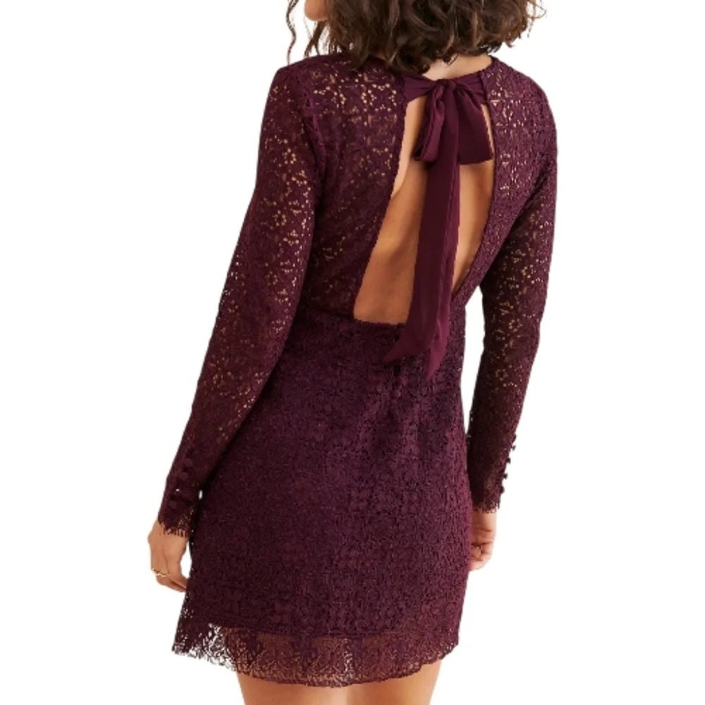 Free People Honey Honey Lace Long Sleeve Mini Dress Burgundy/Purple Size 12 NWOT